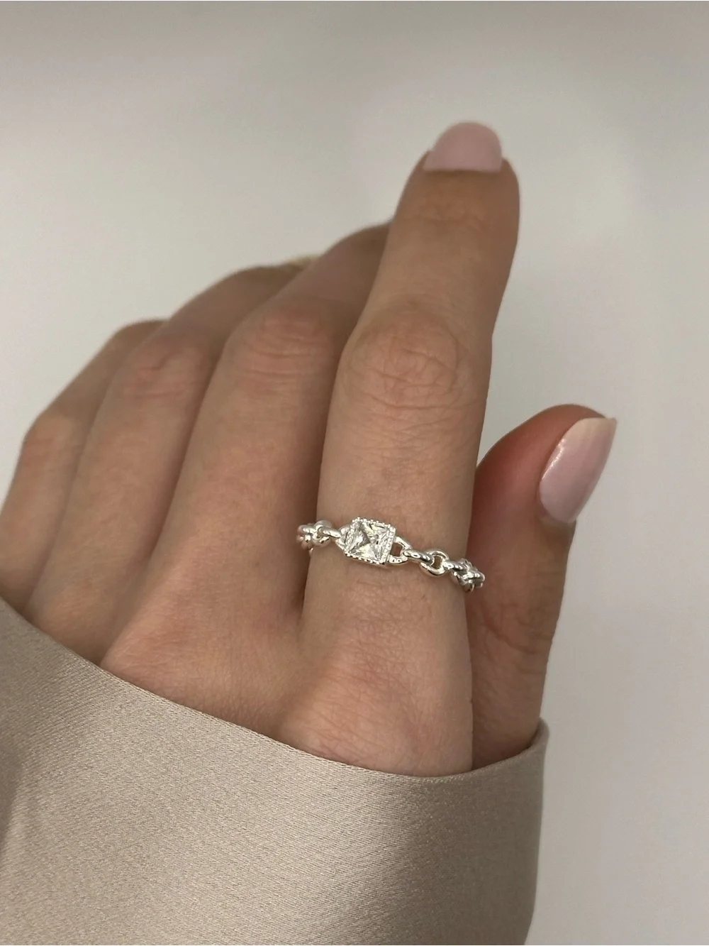 Sterling Silver Chain Ring with Square CZ Accent Minimalist